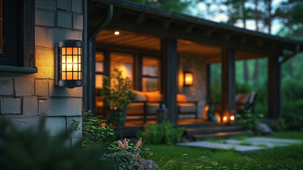 Dusk view of a cozy outdoor area lit by an efficient solar porch light.