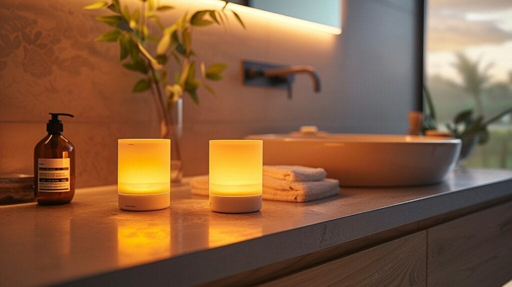 Elegant bathroom night light casting warm glow on sleek countertop, emphasizing relaxing and safe environment.