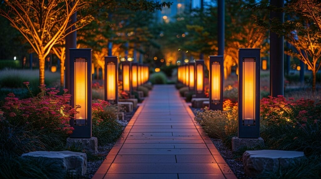 Elegant, modern outdoor commercial solar lights along a business district pathway at night.