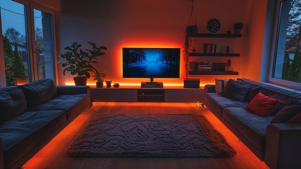 Gaming room with LED strip lights installed along the room's perimeter, behind TV, and under shelves and furniture.