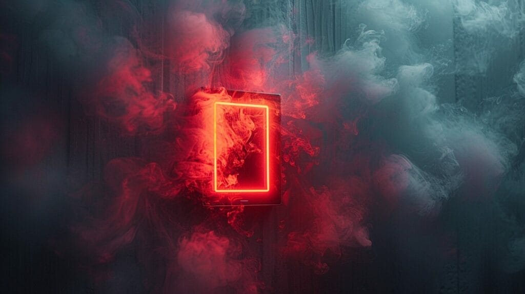 Glowing red-hot light switch with smoke, conveying danger and urgency.