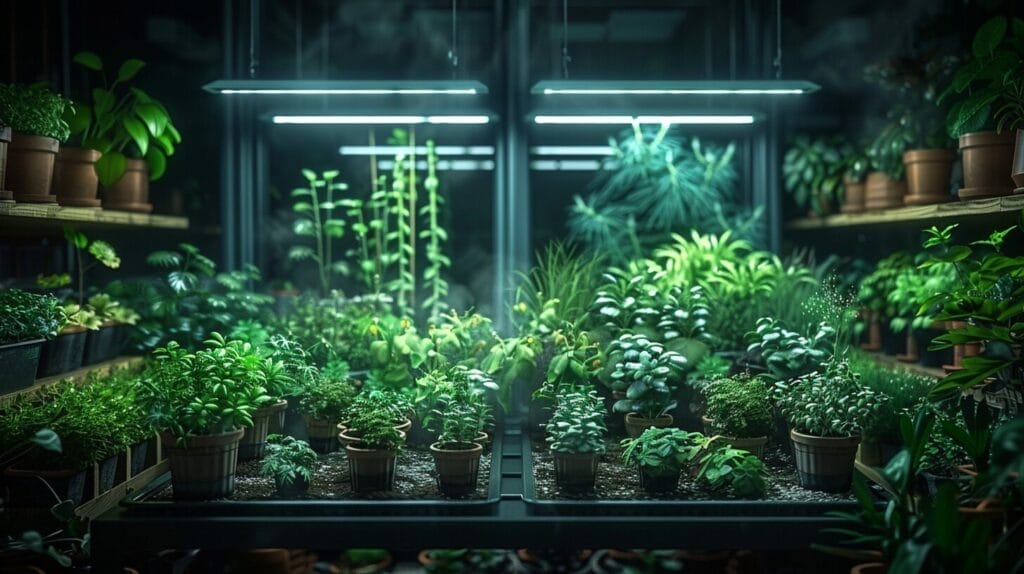 Greenhouse with plants under LED lights.
