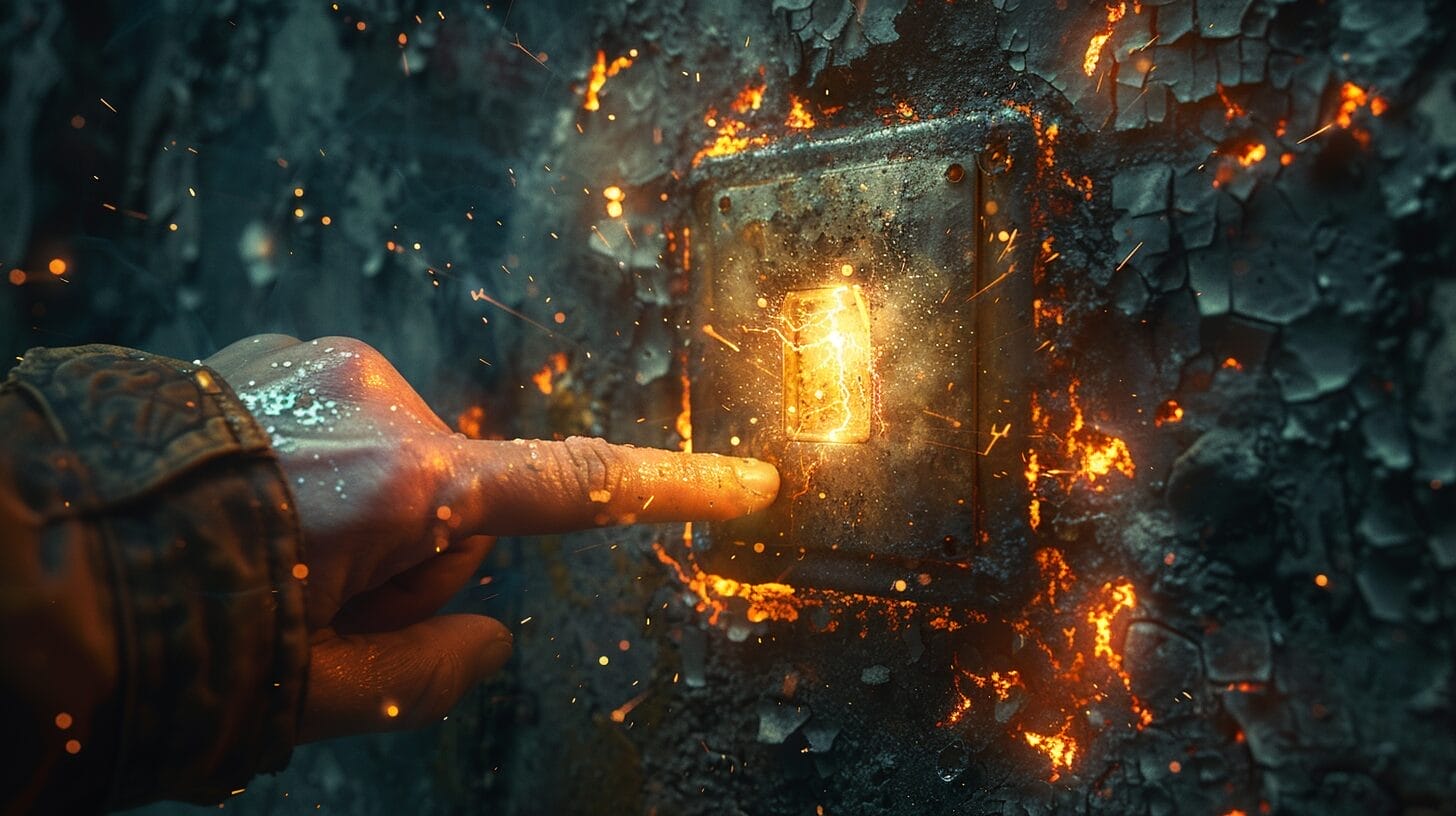Hand reaching towards a glowing light switch with sparks, charred wall.