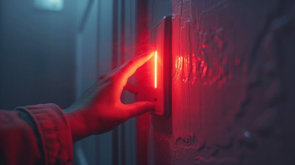 Hand reaching towards a glowing red, overheated light switch needing repair.