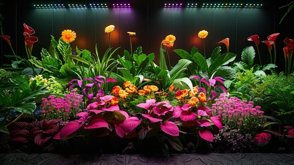 Healthy indoor garden under bright LED lights, showcasing optimal light placement and intensity.
