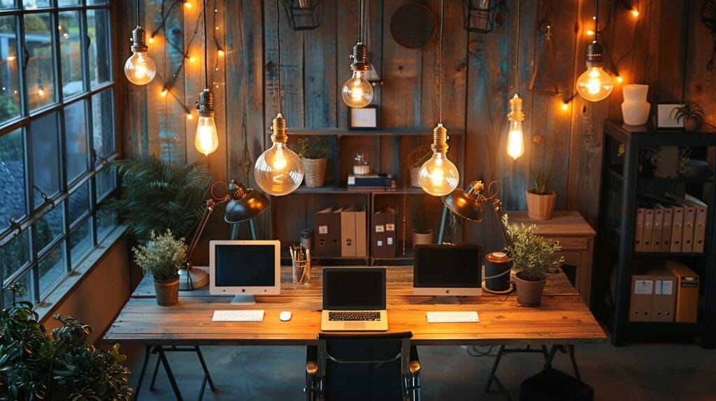 Home office desk, various light bulbs (LED, fluorescent, incandescent), different brightness and color temperature.
