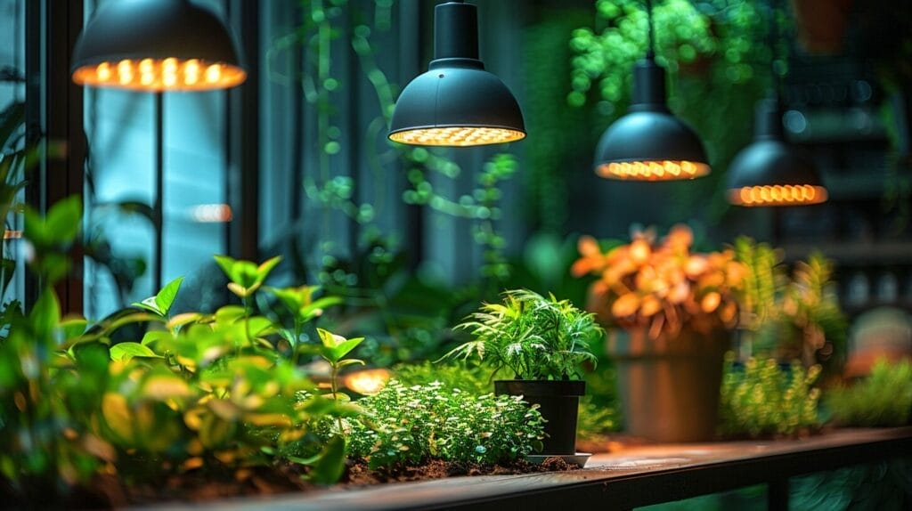 Houseplant with various grow lights, demonstrating growth effects and considerations.