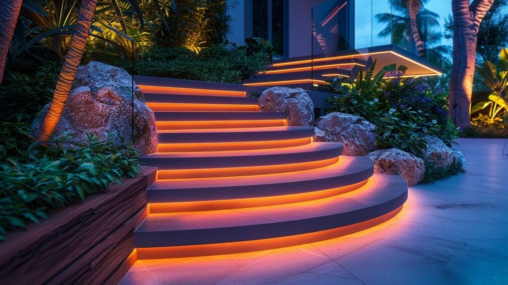 Illuminated outdoor stairs with modern LED step lights.