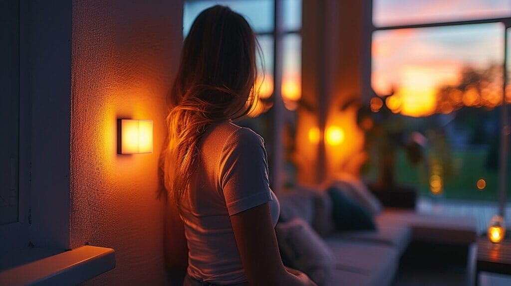 Image of a dimmer switch controlling the brightness of LED lights, casting a warm glow on an eco-friendly light fixture.