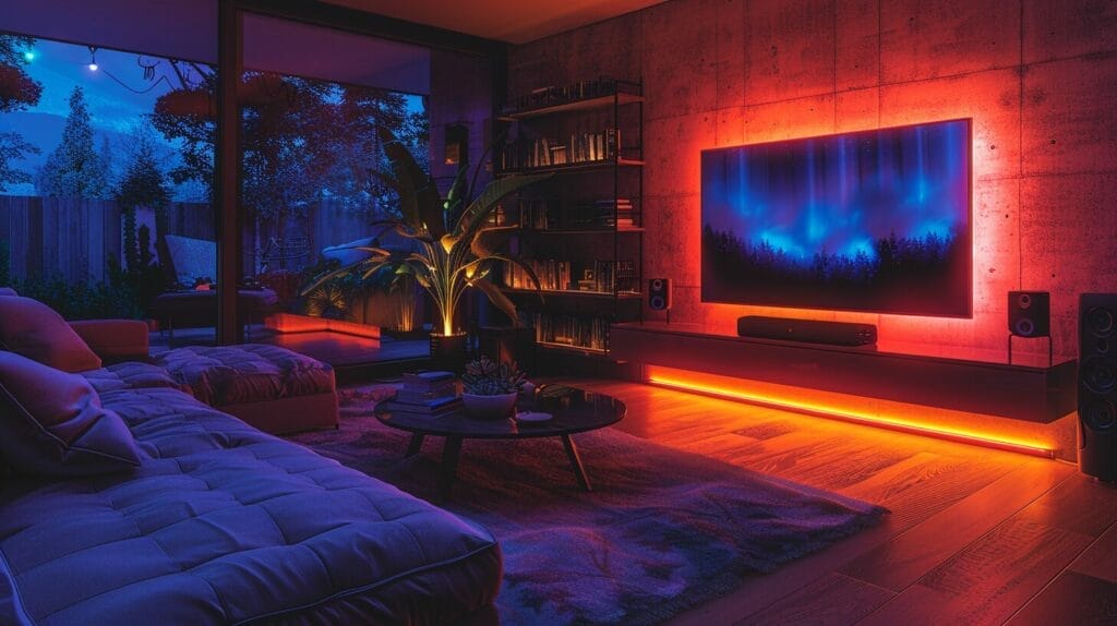 Image of a game room with LED strip lights installed under shelves and along the floor, creating colorful ambient lighting.