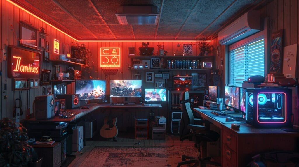 Image of a game room with clean, vibrant LED lighting fixtures and a gamer immersed in gameplay.