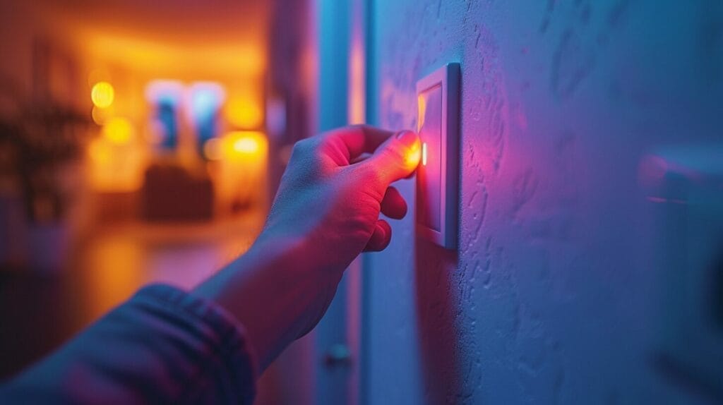 Image of a hand adjusting a modern dimmer switch on a wall, with warm LED lights glowing softly in the background.