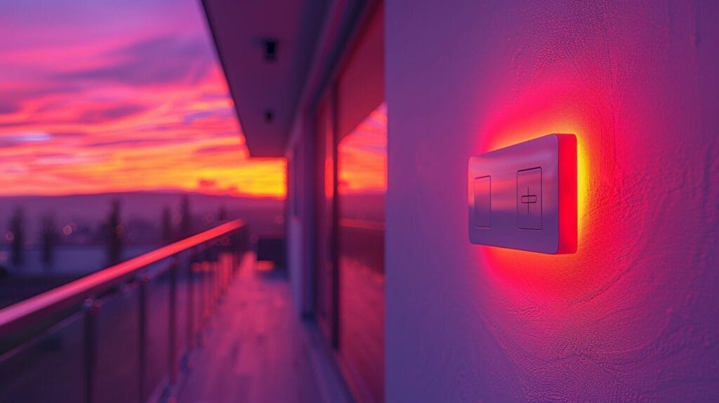 Image of a modern smart dimmer switch with LED lights glowing at different brightness levels, set against a contemporary backdrop.