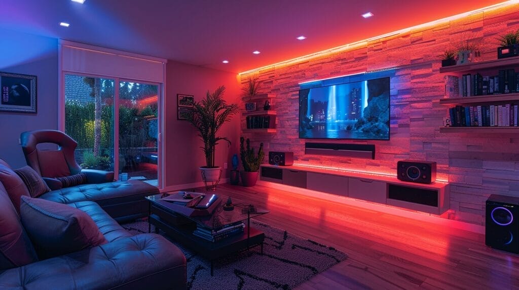 Image showing a variety of LED lighting options in a gaming room, including color-changing light strips, unique LED bulb fixtures, and LED backlighting behind TV.