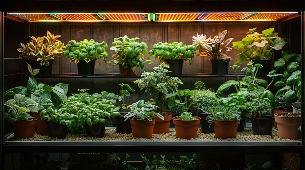 Indoor plants thriving under different types of budget-friendly grow lights, representing the top 5 inexpensive plant care solutions.