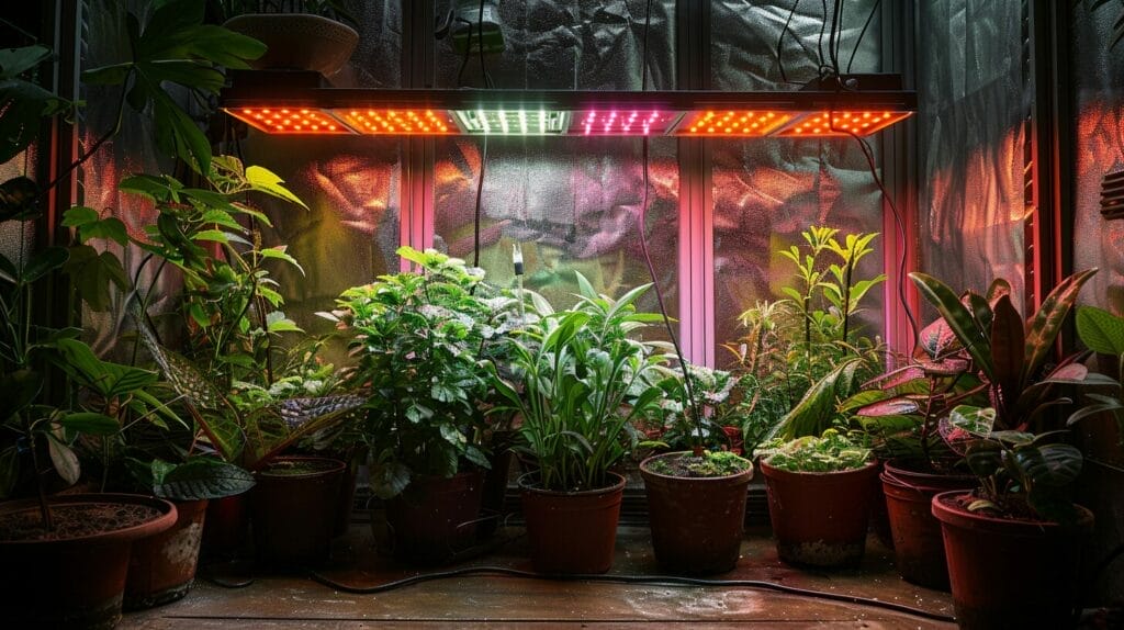 Indoor vegetable plants under various grow lights, showing vibrant colors and health.