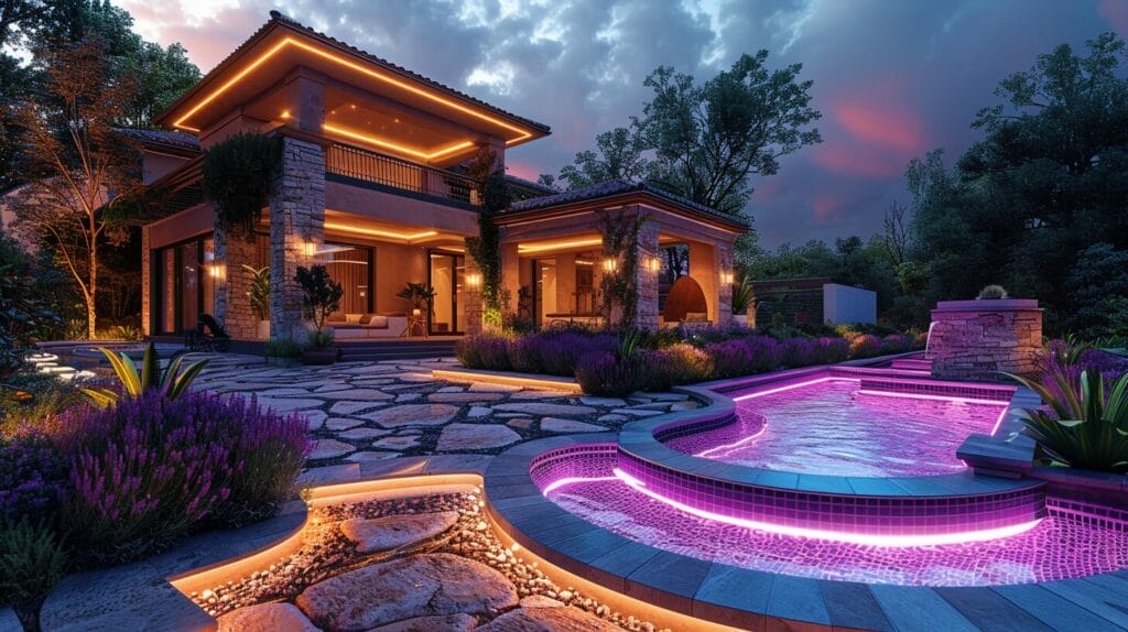 LED light illuminating spa and fountain, showcasing versatility and efficiency.