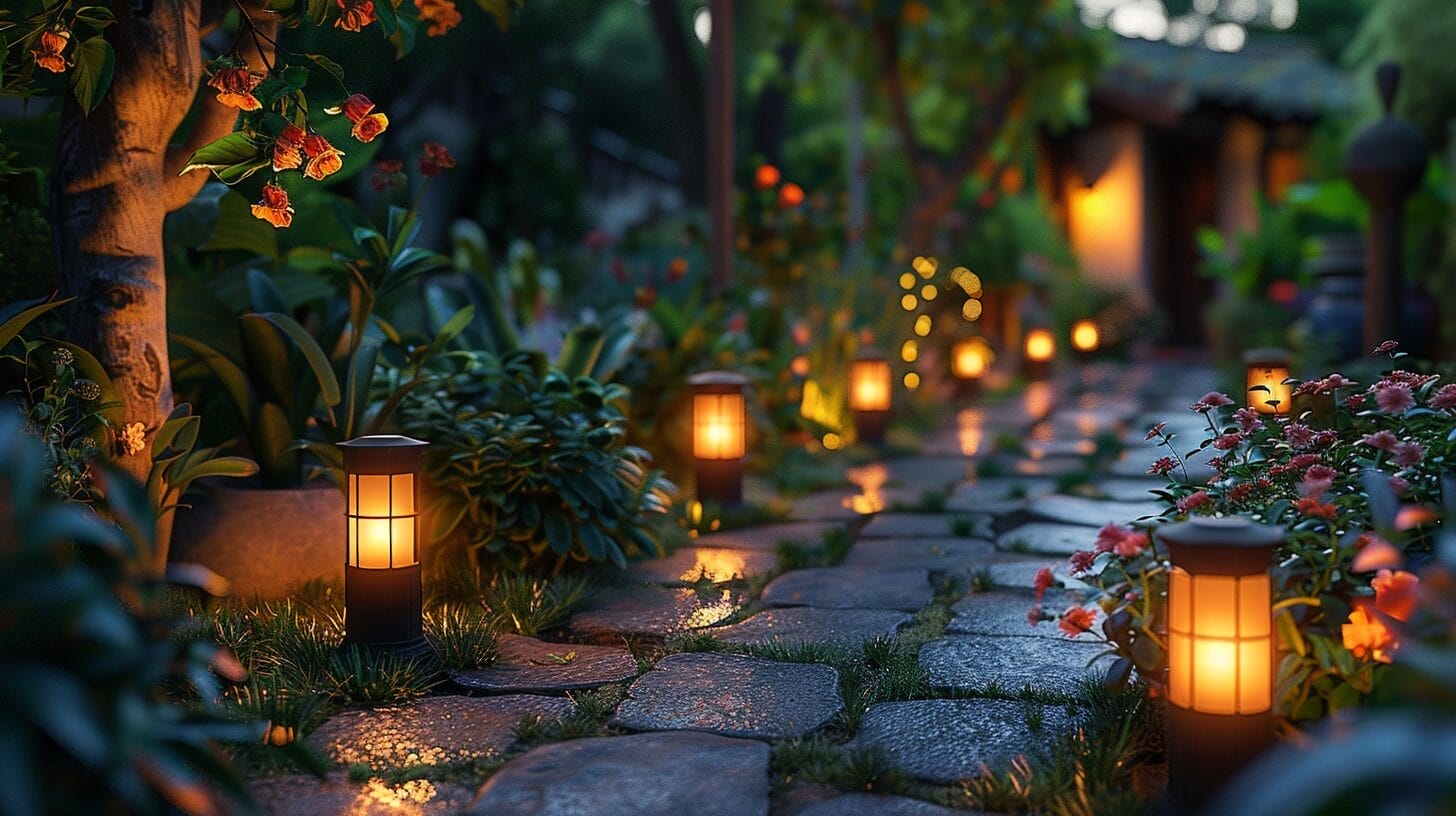 Lush garden at dusk with sparkling solar mini lights enhancing plants and flowers.