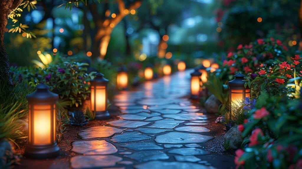 Lush garden pathway with best wired lights casting inviting glow.