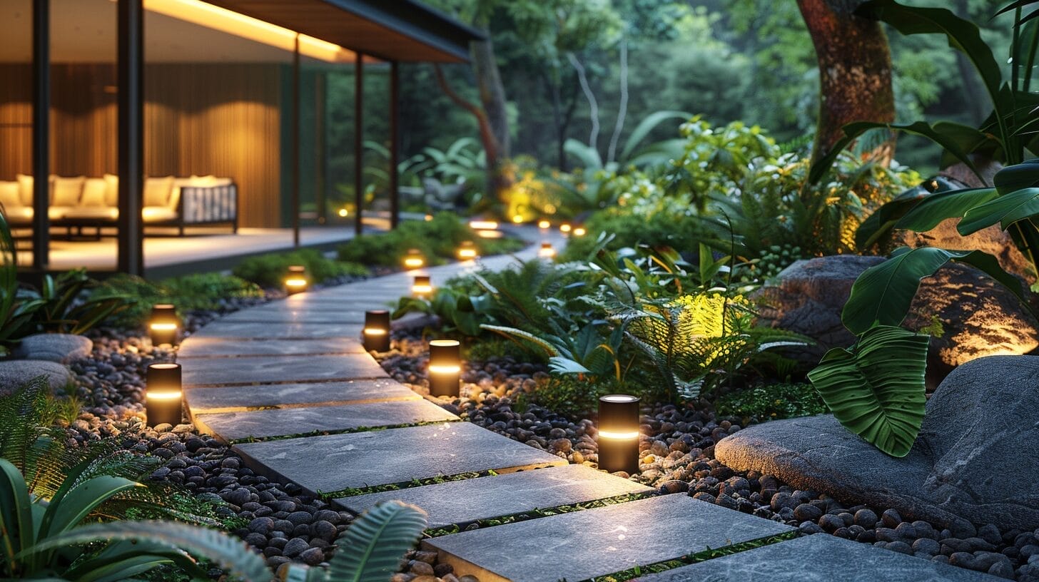 Lush garden pathway with modern wired lights casting warm glow.