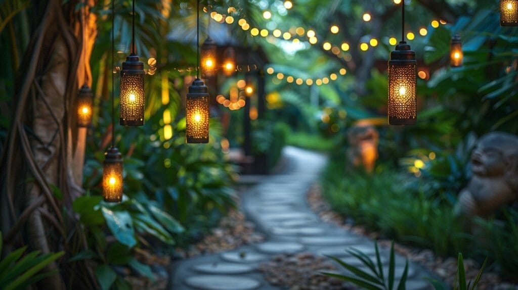 Lush night garden lit by solar mini lights on trellis, tree, and pathway.