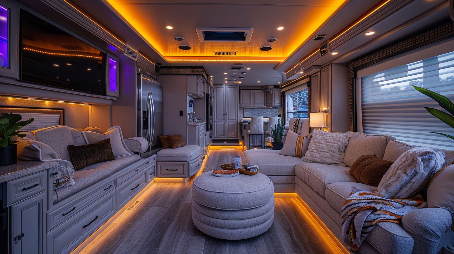 Modern RV interior illuminated by Volt LED lights, featuring strip, dome, and reading lights.