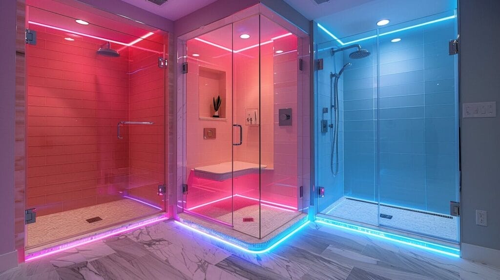 Modern bathroom displaying diverse shower lighting styles and finishes.
