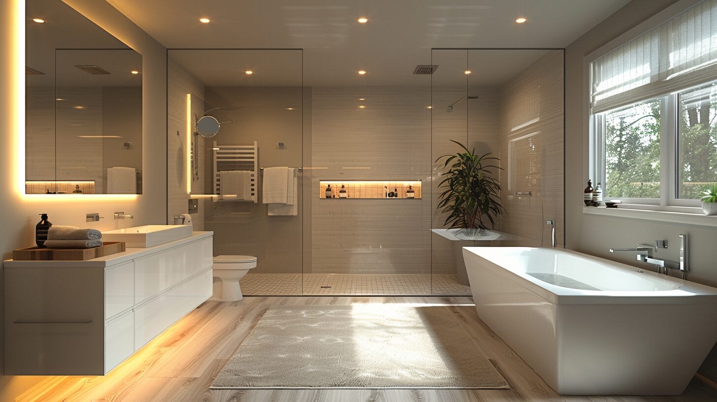 Modern bathroom transformation with sleek, new light fixture emitting warm glow.