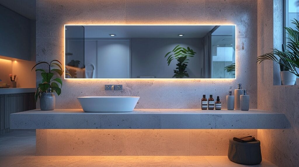 Modern bathroom vanity with built-in LED lights enhancing makeup application.