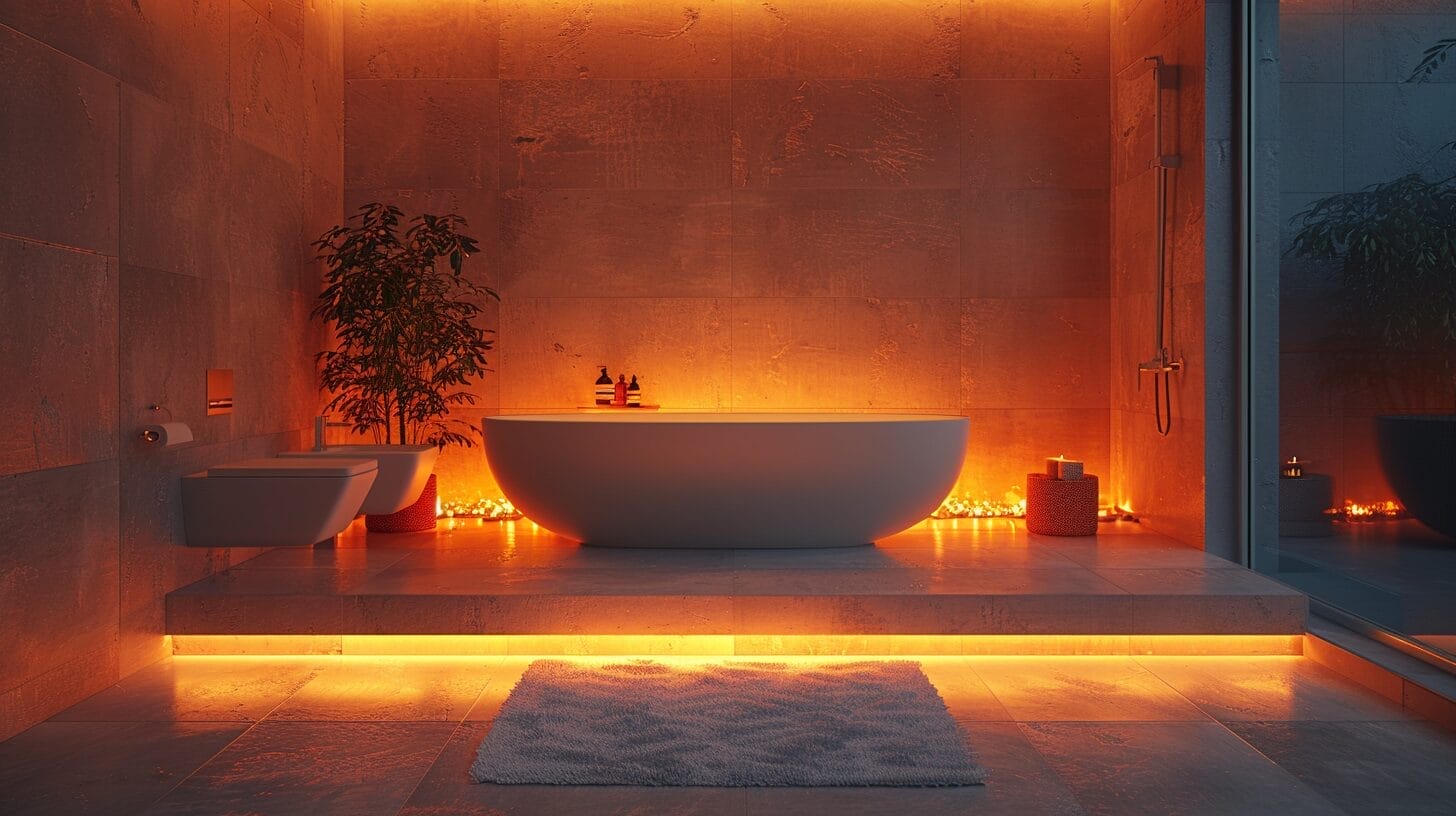 Modern bathroom with stylish night light, chic countertop, elegant fixtures, and cozy bath mat.
