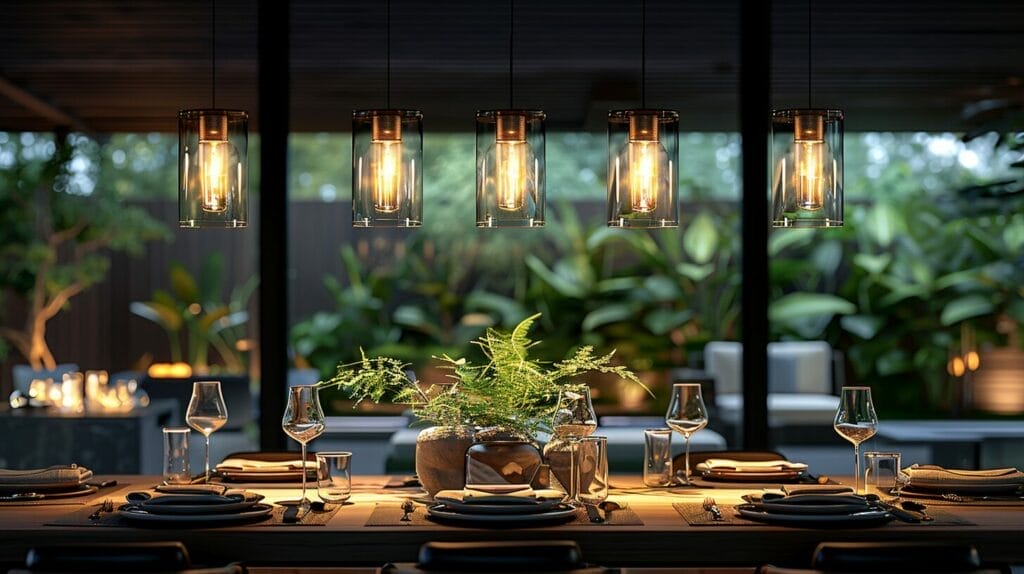Modern chandelier over dining table with elegant settings and warm ambiance.