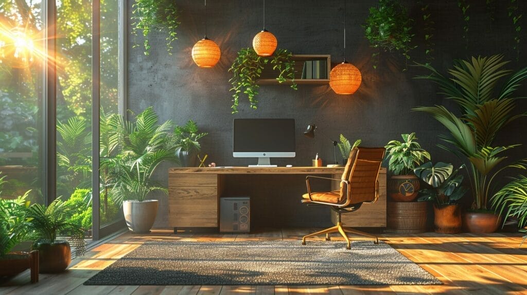 Modern home office desk, sleek LED desk lamp, soft warm light, wall-mounted sconces, ambient lighting.