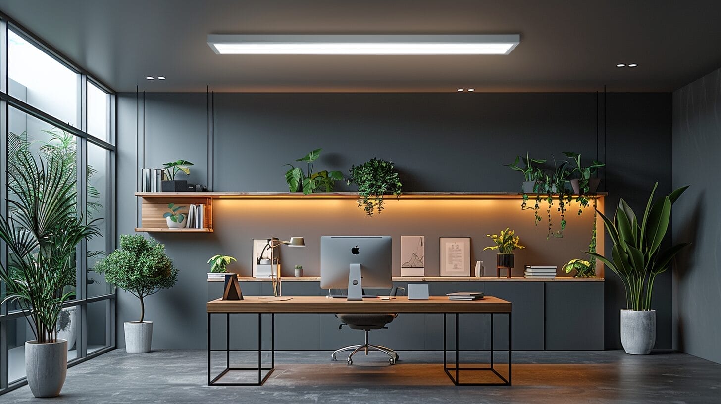 Modern home office, minimalist desk, sleek pendant lights, comfortable chair, green plants.
