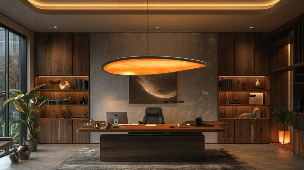 Modern home office, sleek statement pendant light, warm inviting glow, clutter-free workspace.