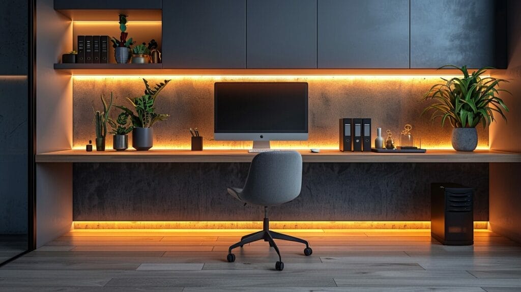 Modern home office with recessed LED lights over minimalist desk and sleek computer setup.