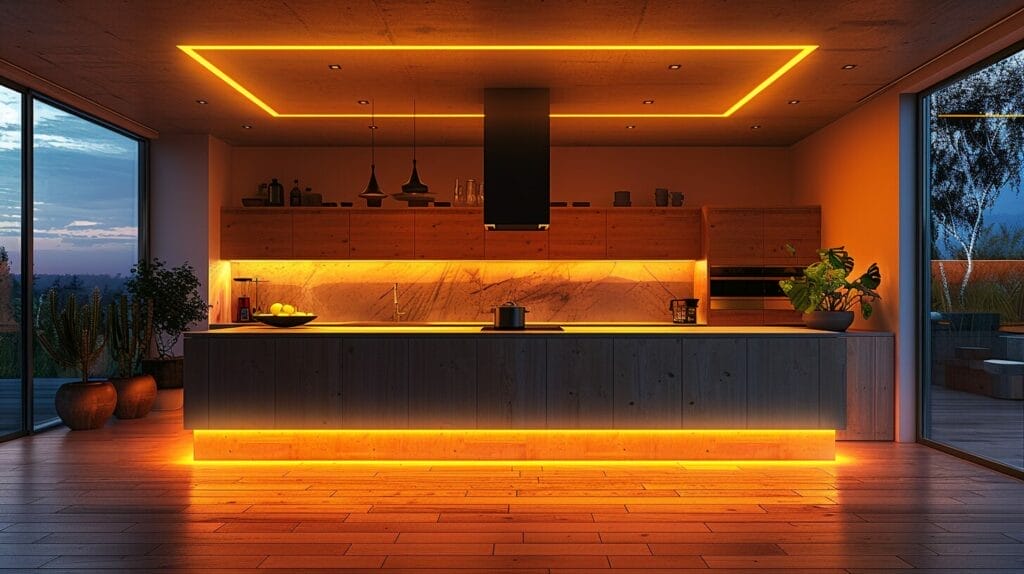 Modern kitchen featuring LED under counter lights that cast a warm and even glow.
