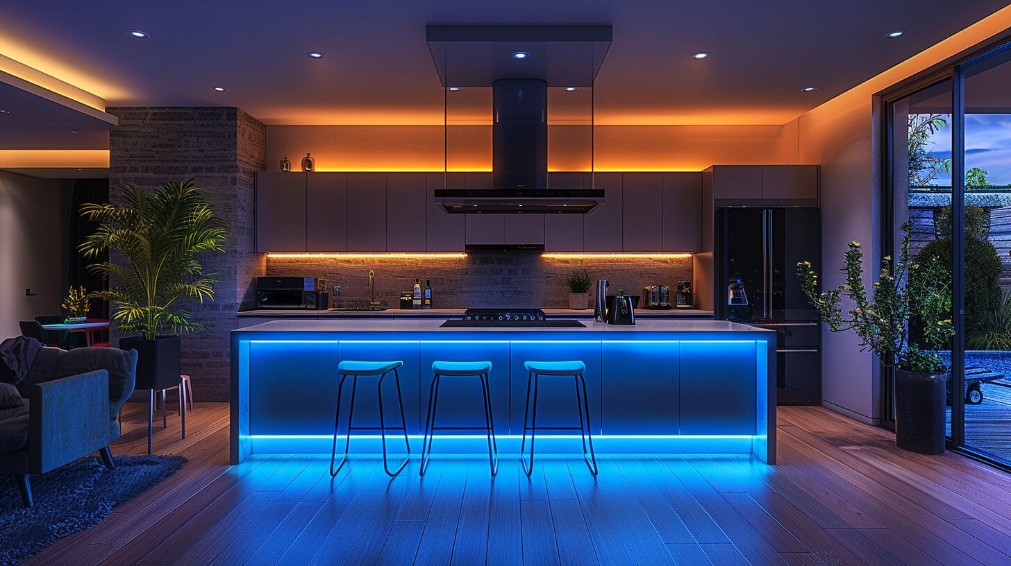 Modern kitchen interior with under counter LED lights illuminating countertops and cabinets.