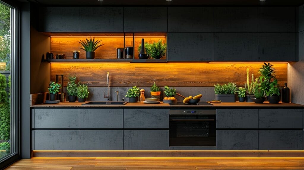 Modern kitchen interior with warm LED under counter lights illuminating countertops.