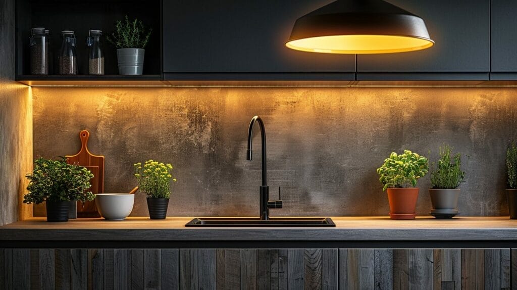 Modern kitchen sink with a pendant LED light fixture above.