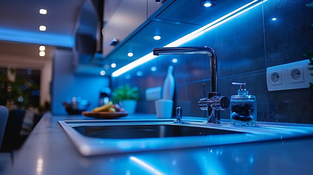 Modern kitchen sink with a silver LED light fixture above.