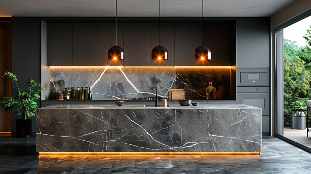 Modern kitchen with minimalist pendant lights casting a warm glow over a marble island.