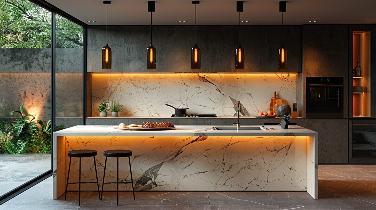 Modern kitchen with pendant lights over island and warm glow on marble countertops.