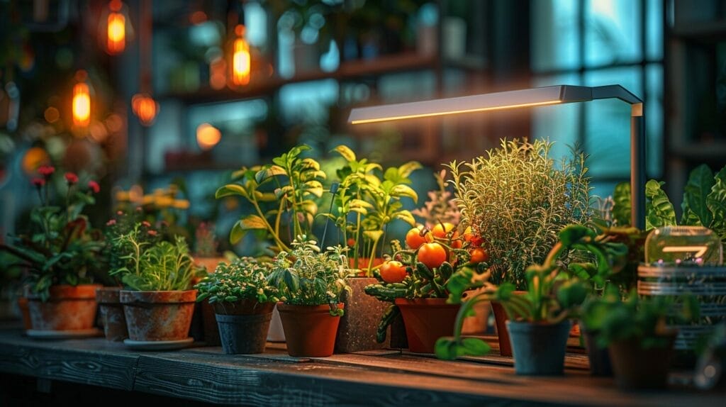 Modern light stand with grow light over lush indoor garden, highlighting vibrant plants.