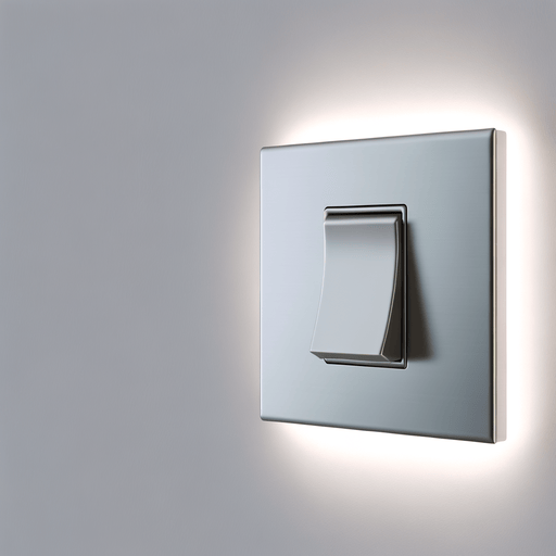 Modern light switch in the on position, casting a warm glow in a dim room, switch features a dimming slider and automatic activation sensor.