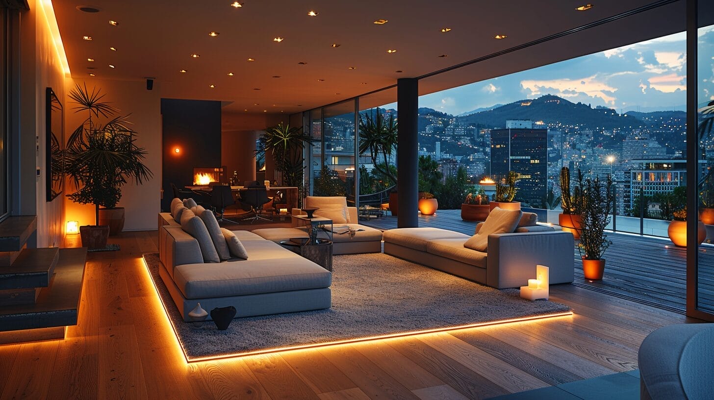 Modern living room with warm, even glow from sleek recessed LED lights.
