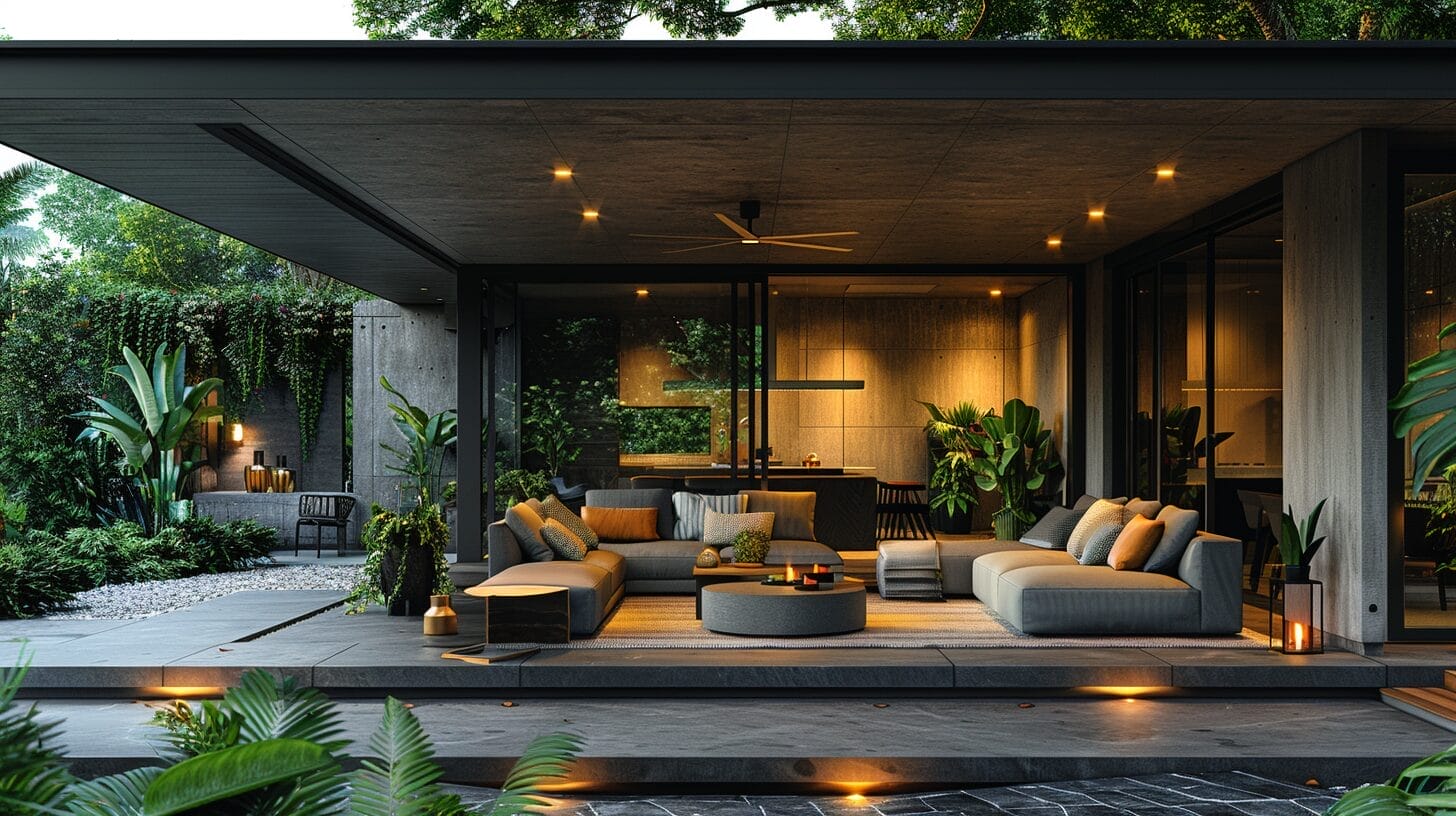 Modern patio with LED-lit fan and cozy seating.