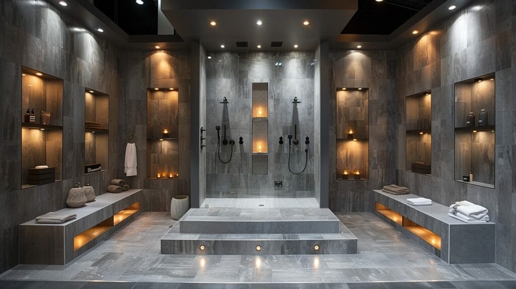Modern shower with ceiling LED lights, clear glass door, and luxurious stone tiles.