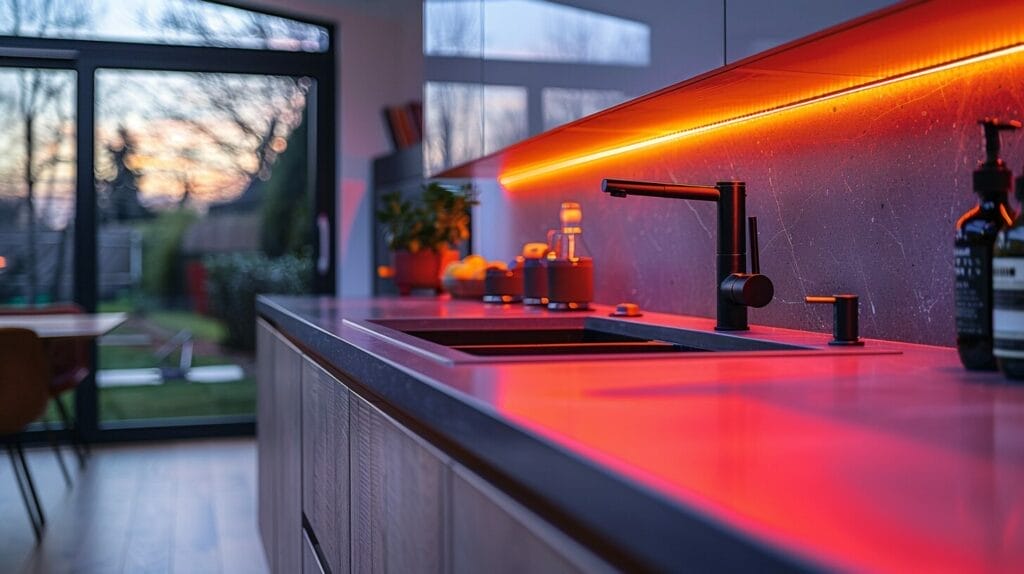 Modern sink with LED lights and pops of color in a minimalist kitchen.