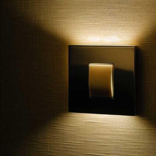 Modern, sleek light switch off against a minimalist white wall, shiny metal finish switch with a subtle glow around edges.