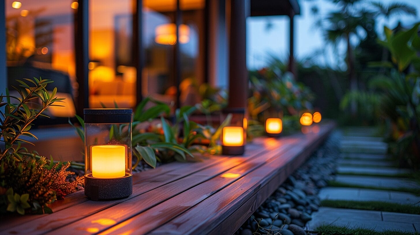 Modern solar light illuminating a cozy backyard at night, eco-friendly.